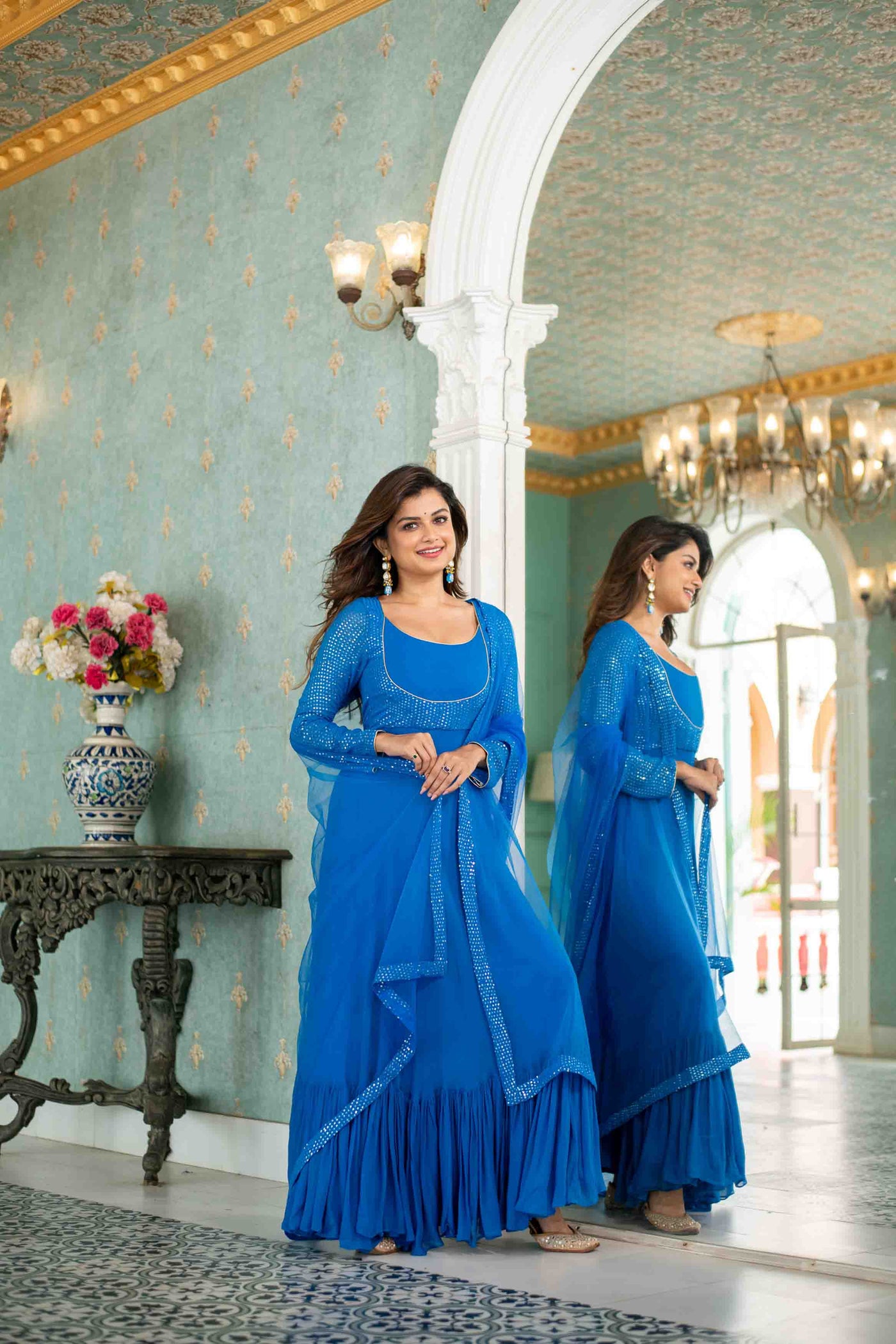 Women's Electric Blue Choli Style Gown With Dupatta