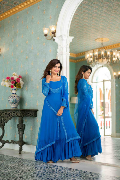 Women's Electric Blue Choli Style Gown With Dupatta
