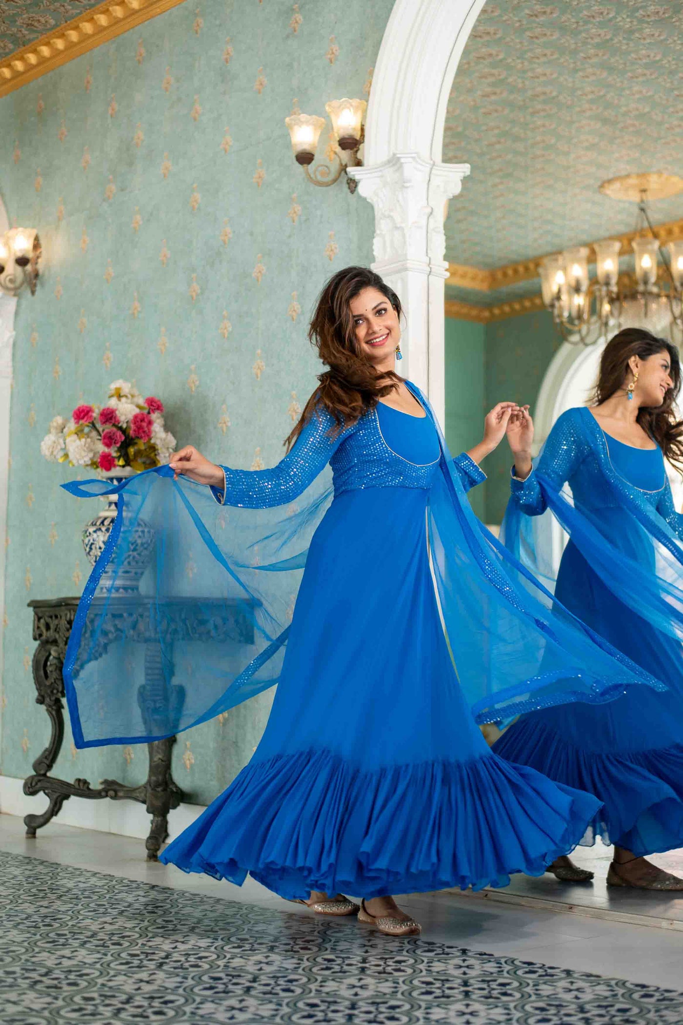 Women's Electric Blue Choli Style Gown With Dupatta