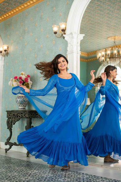 Women's Electric Blue Choli Style Gown With Dupatta