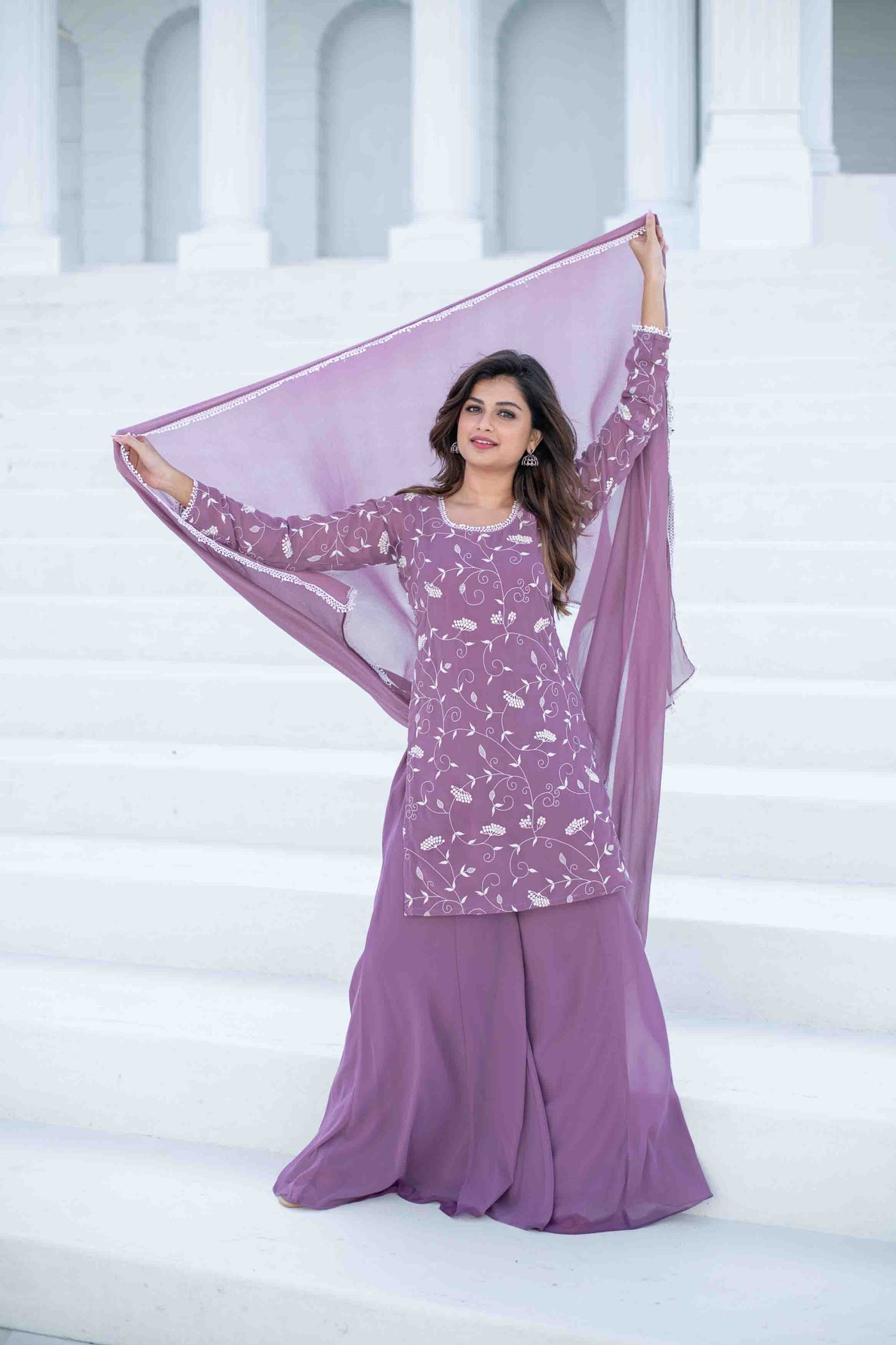 Women's Lilac Thread Work Georgette Kurta Set
