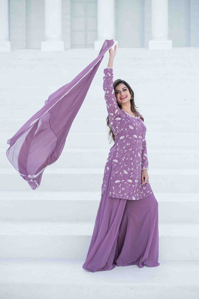 Women's Lilac Thread Work Georgette Kurta Set