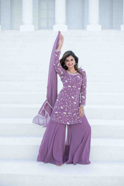 Women's Lilac Thread Work Georgette Kurta Set