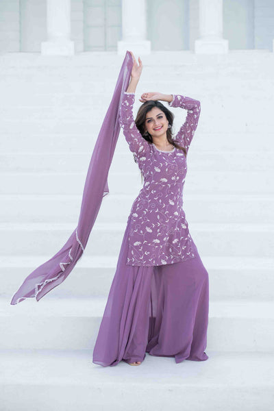 Women's Lilac Thread Work Georgette Kurta Set
