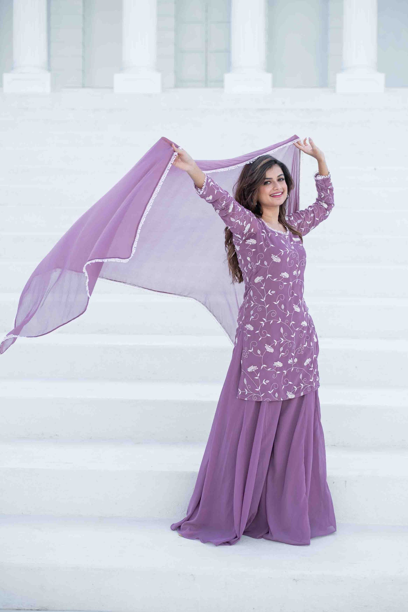 Women's Lilac Thread Work Georgette Kurta Set