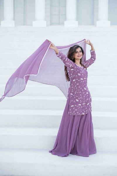 Women's Lilac Thread Work Georgette Kurta Set