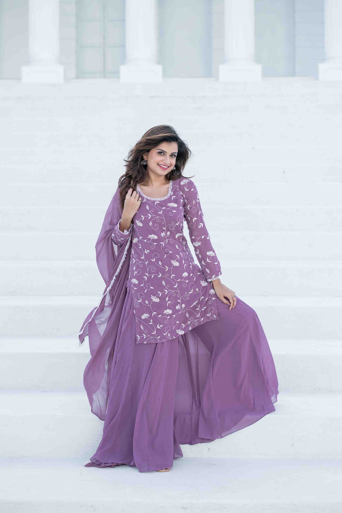 Women's Lilac Thread Work Georgette Kurta Set
