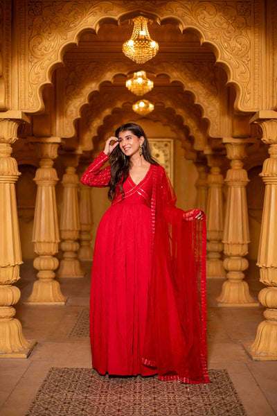 Women's Red Chanderi Long Gown With Dupatta