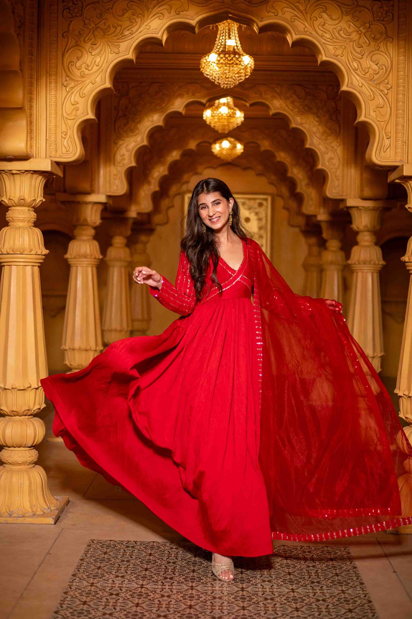 Women's Red Chanderi Long Gown With Dupatta