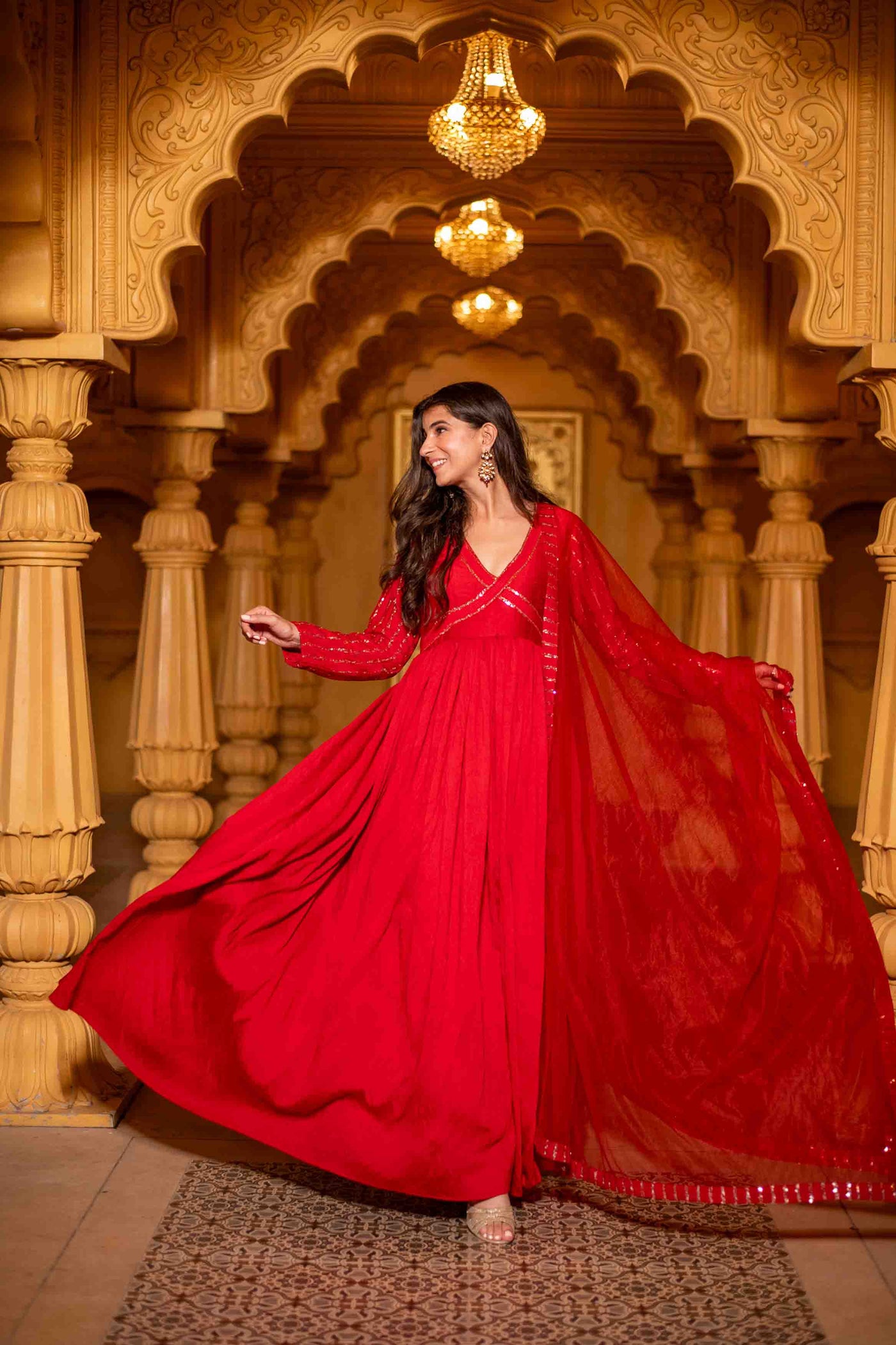 Women's Red Chanderi Long Gown With Dupatta