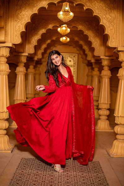 Women's Red Chanderi Long Gown With Dupatta