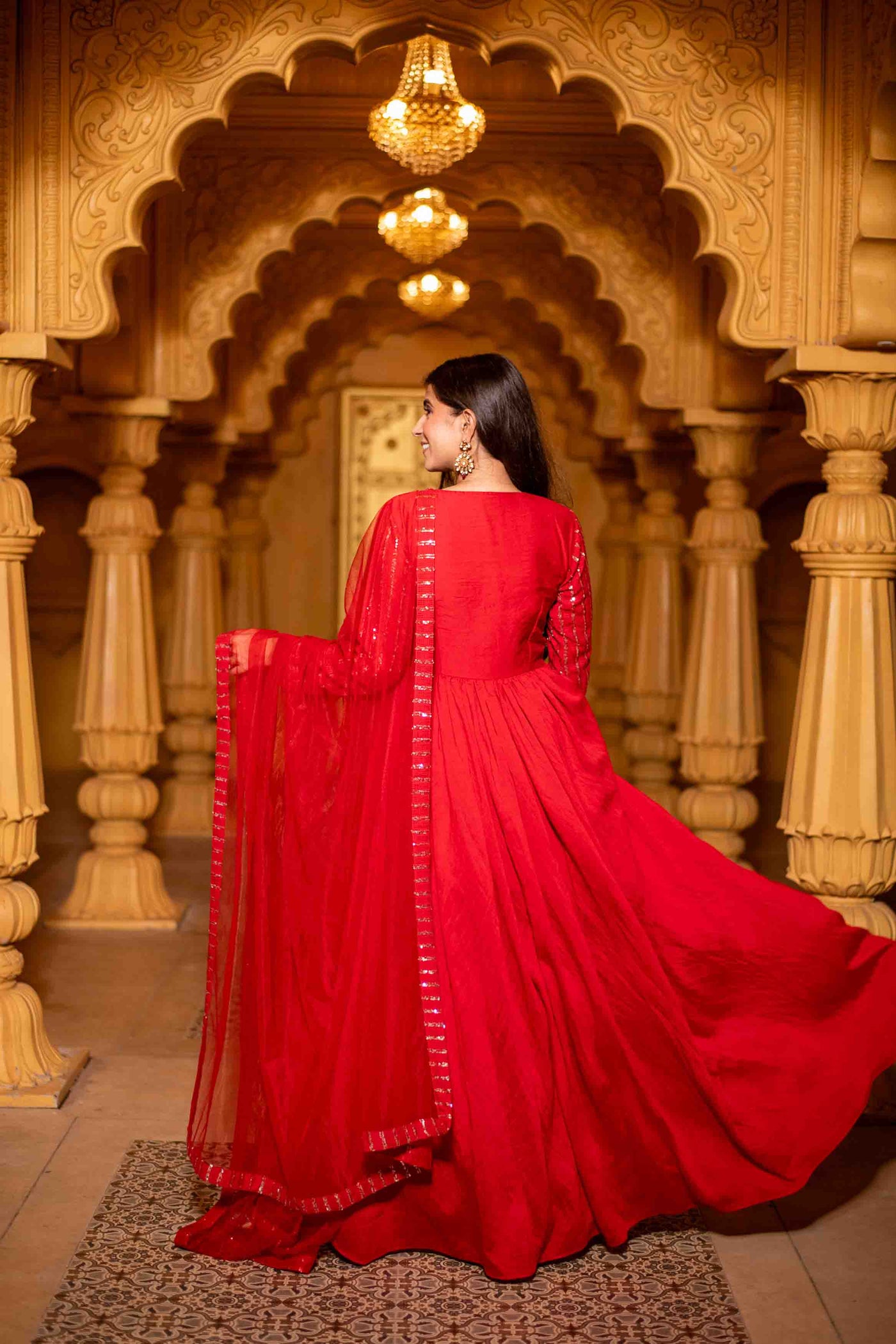 Women's Red Chanderi Long Gown With Dupatta