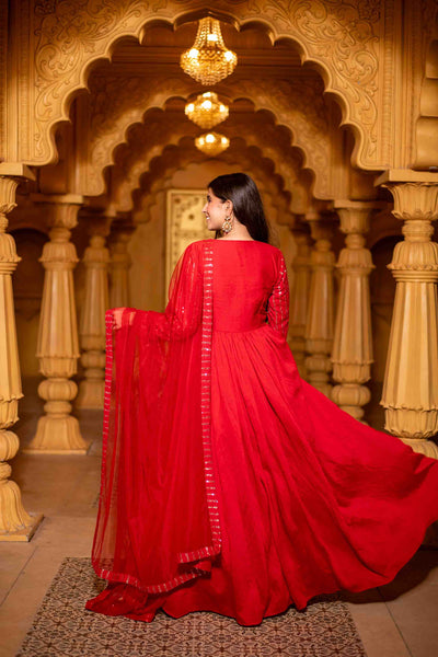 Women's Red Chanderi Long Gown With Dupatta