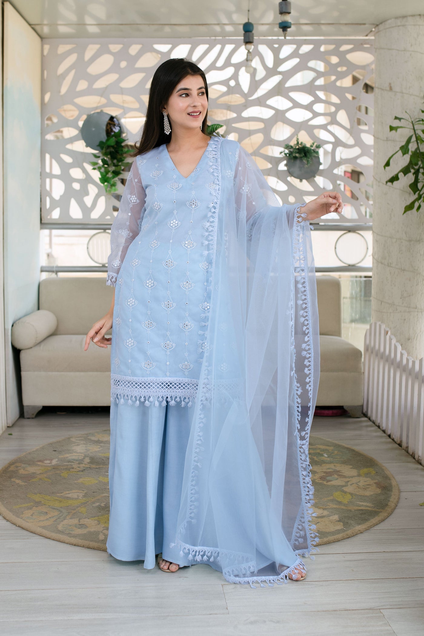 Women's Light Blue Organza Kurta With Palazzo And Dupatta (3 Pc Set)
