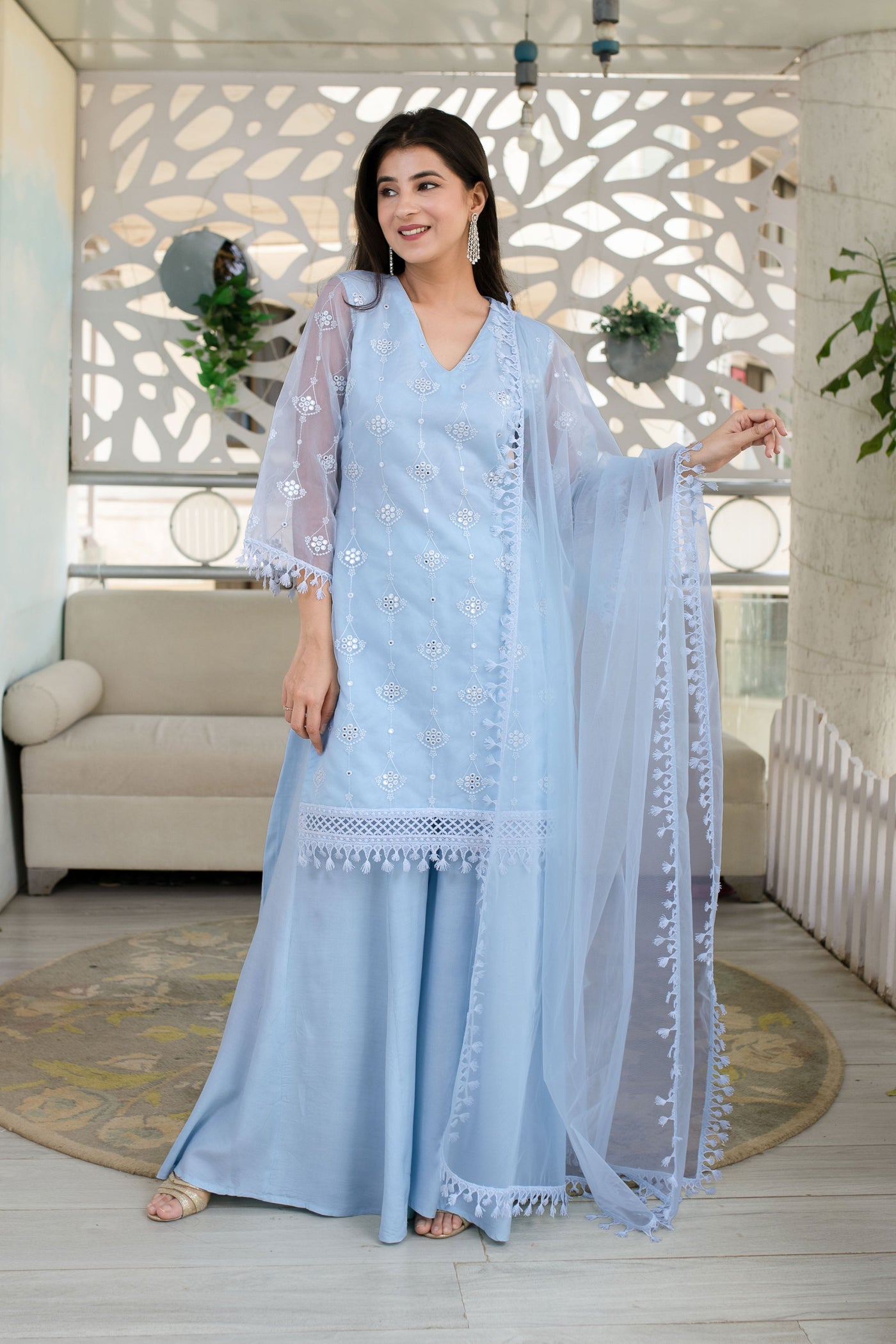 Women's Light Blue Organza Kurta With Palazzo And Dupatta (3 Pc Set)