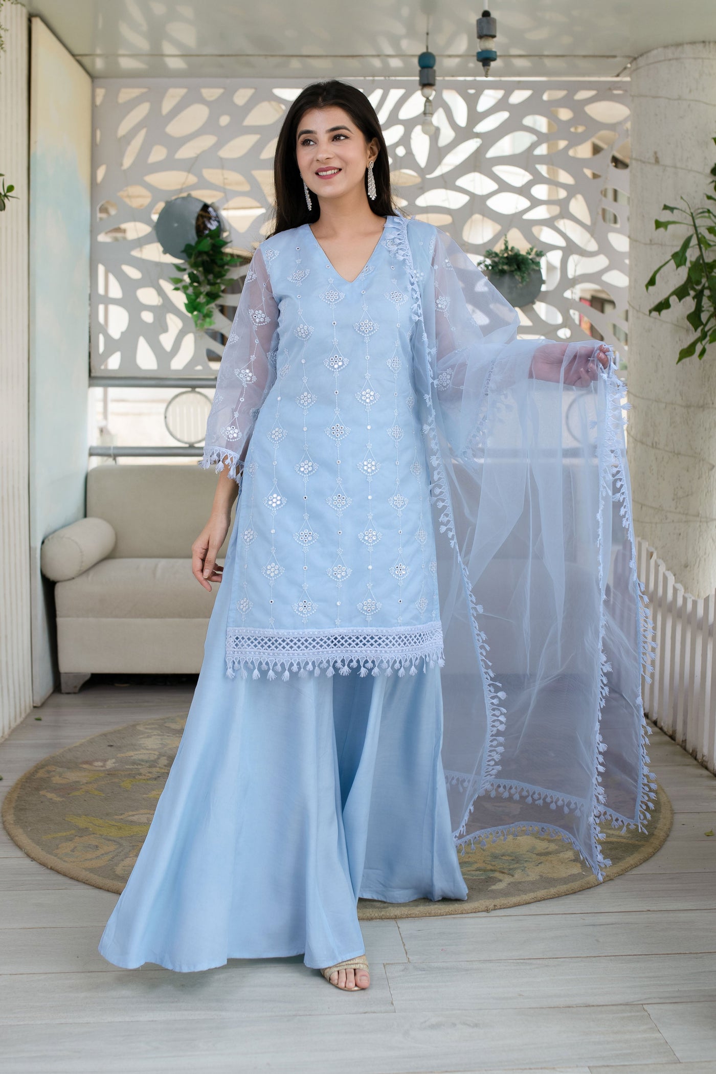 Women's Light Blue Organza Kurta With Palazzo And Dupatta (3 Pc Set)