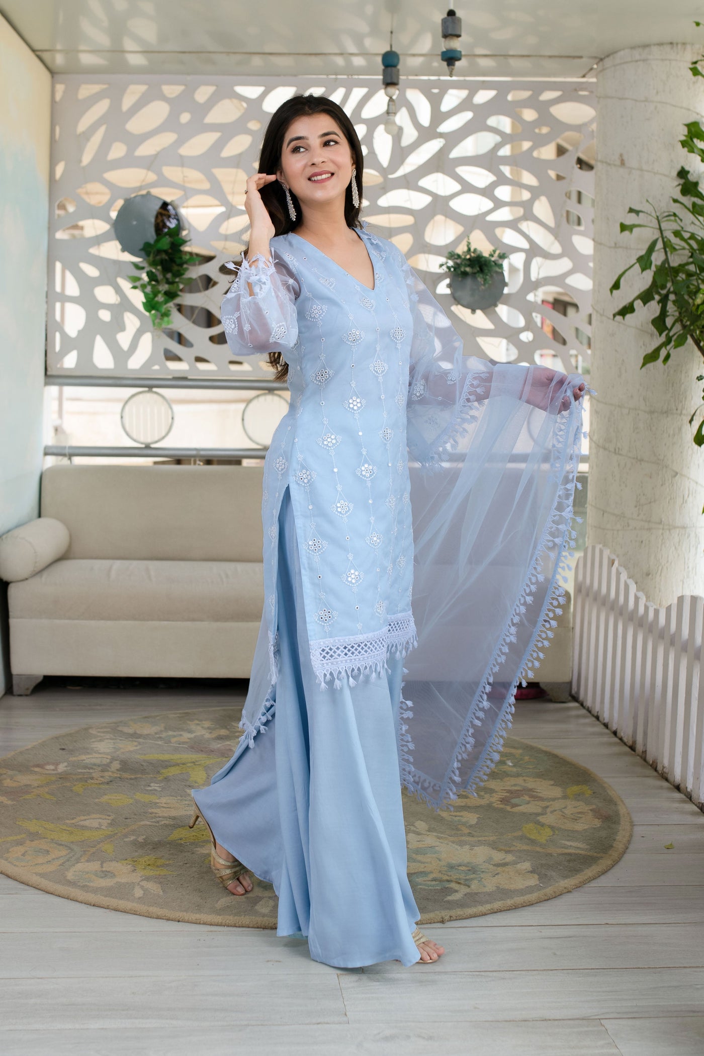 Women's Light Blue Organza Kurta With Palazzo And Dupatta (3 Pc Set)