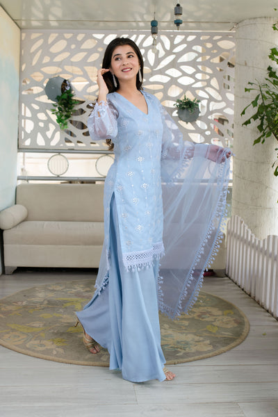 Women's Light Blue Organza Kurta With Palazzo And Dupatta (3 Pc Set)