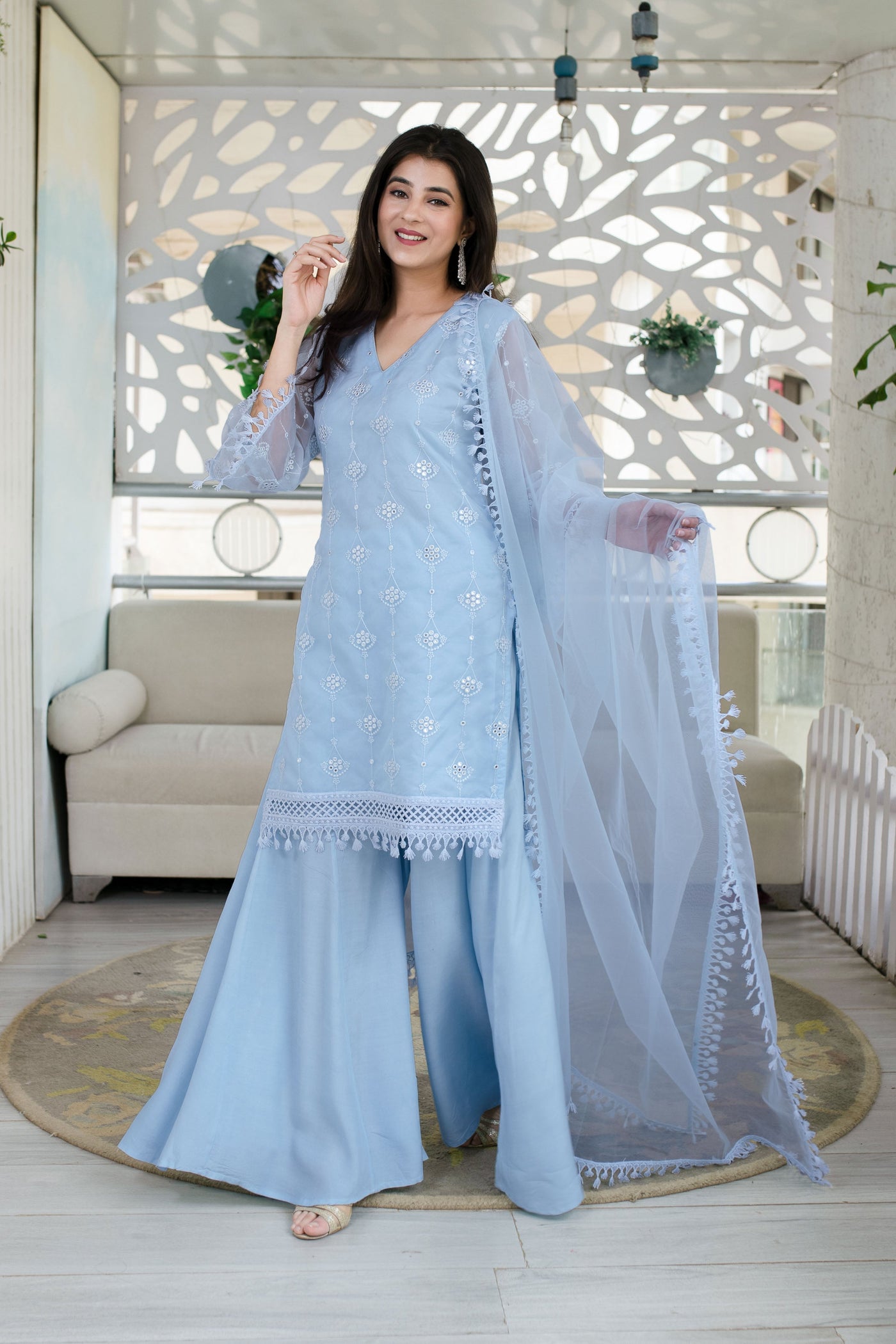 Women's Light Blue Organza Kurta With Palazzo And Dupatta (3 Pc Set)