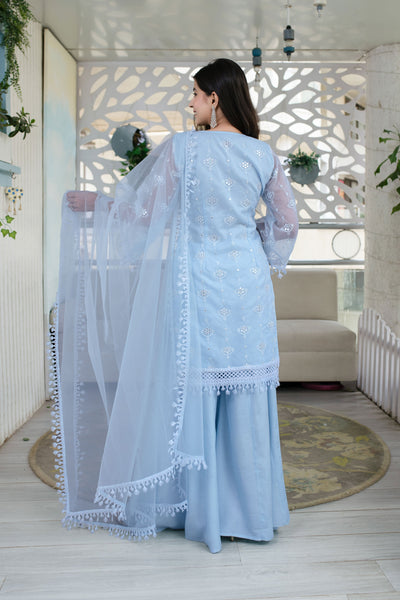 Women's Light Blue Organza Kurta With Palazzo And Dupatta (3 Pc Set)