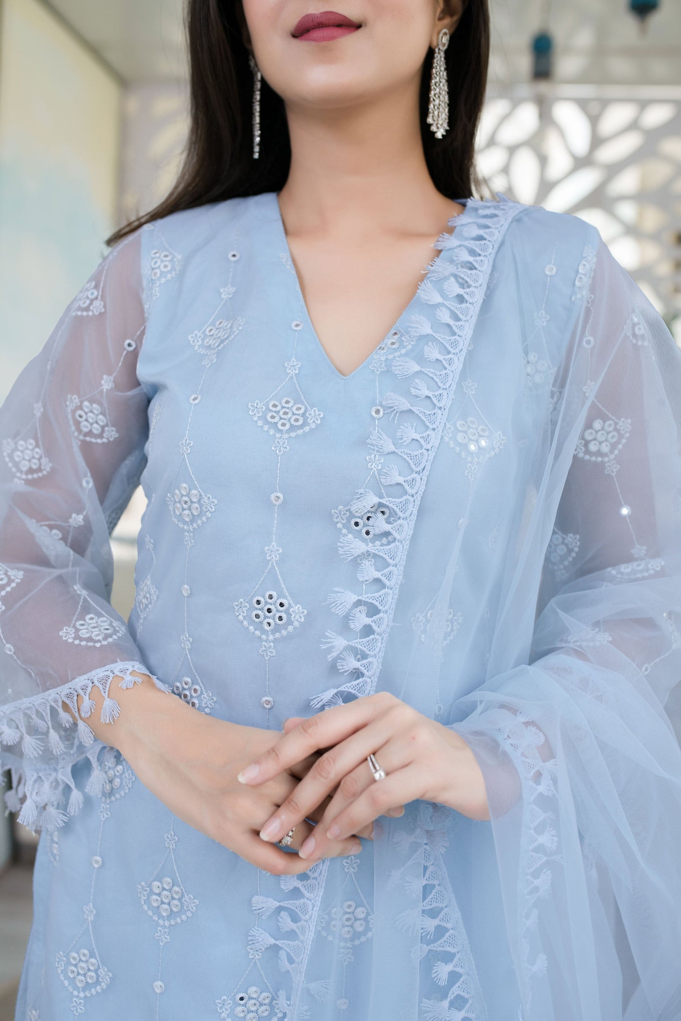 Women's Light Blue Organza Kurta With Palazzo And Dupatta (3 Pc Set)