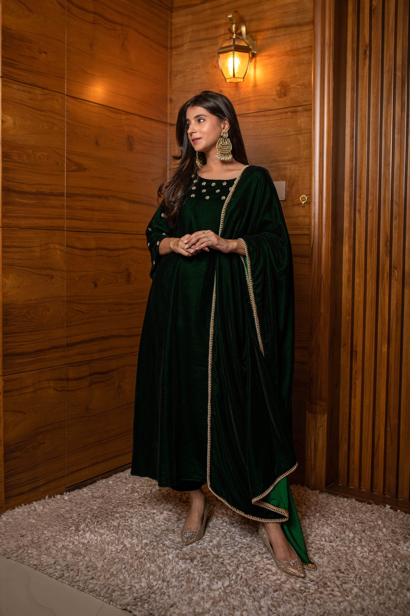 Women's Bottle Green Hand Work Velvet Kurta Set