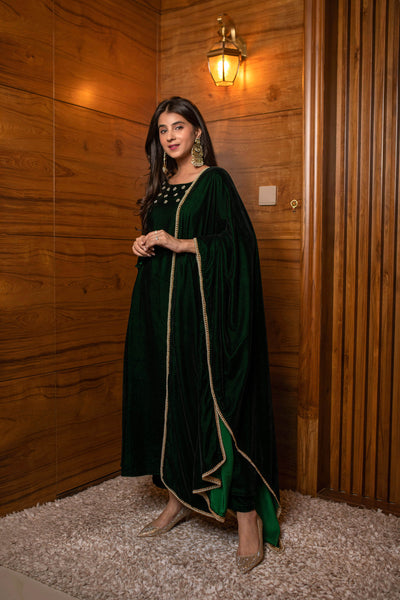 Women's Bottle Green Hand Work Velvet Kurta Set