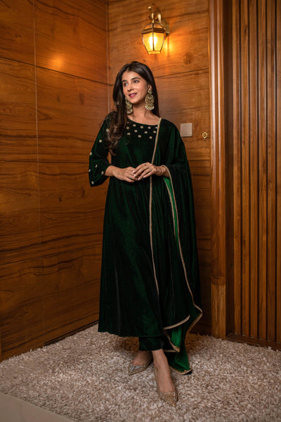 Women's Bottle Green Hand Work Velvet Kurta Set