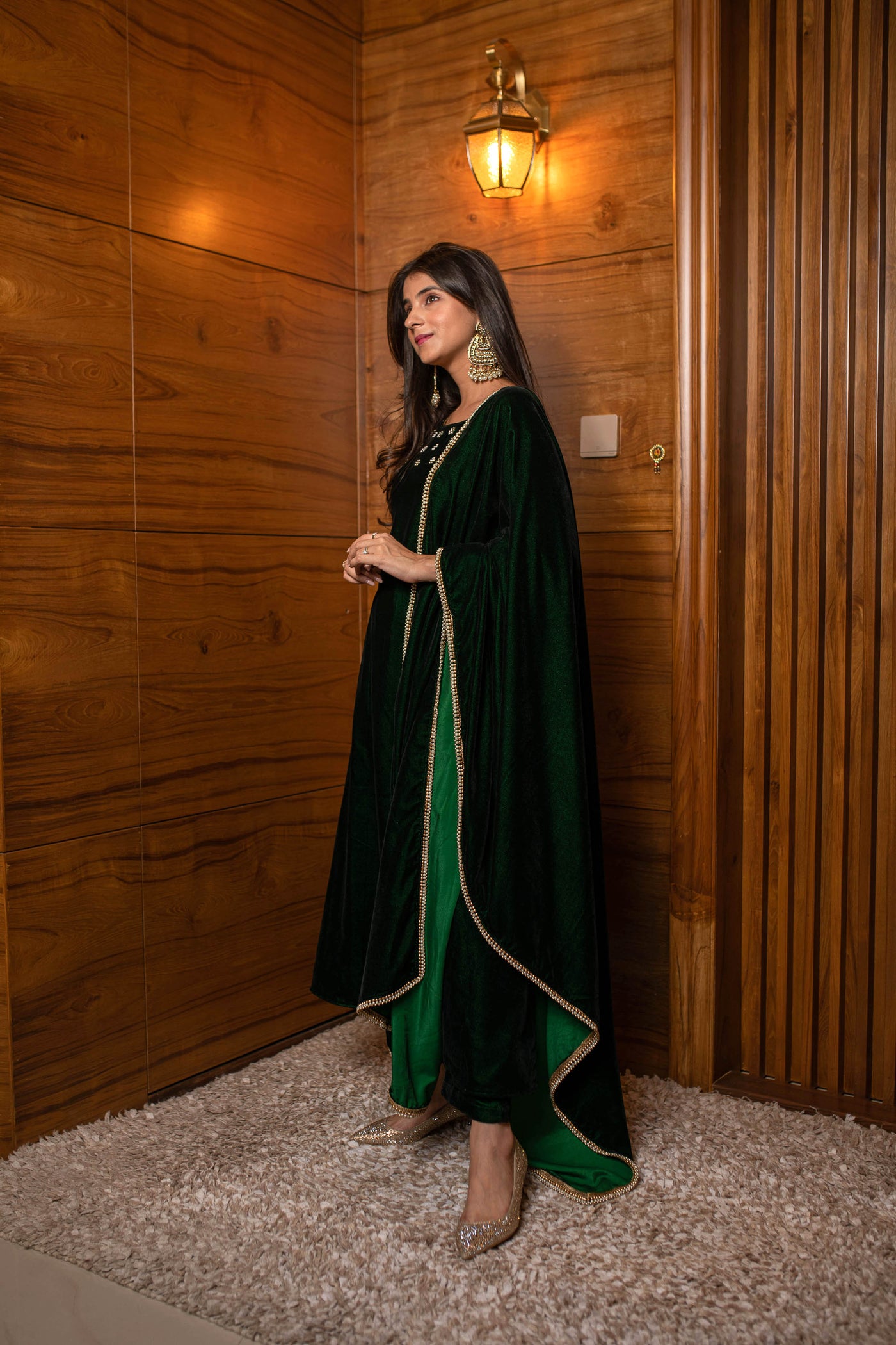 Women's Bottle Green Hand Work Velvet Kurta Set