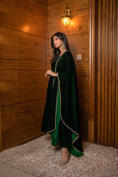 Women's Bottle Green Hand Work Velvet Kurta Set