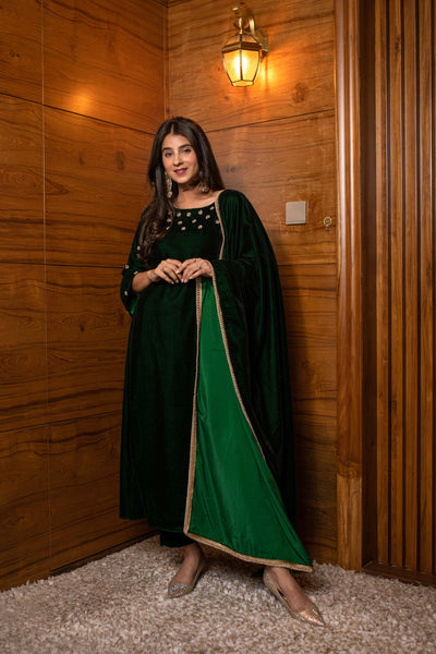 Women's Bottle Green Hand Work Velvet Kurta Set