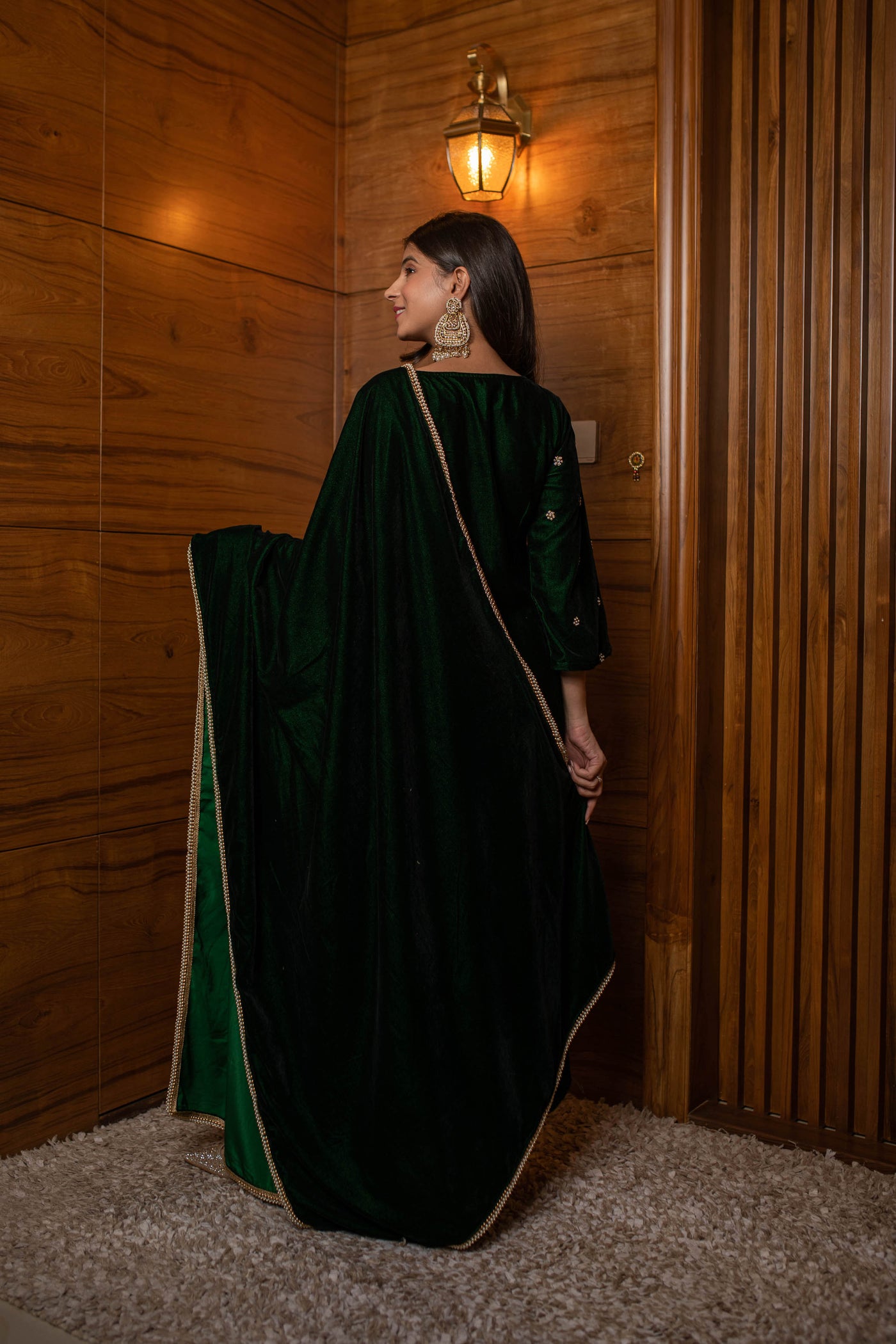 Women's Bottle Green Hand Work Velvet Kurta Set