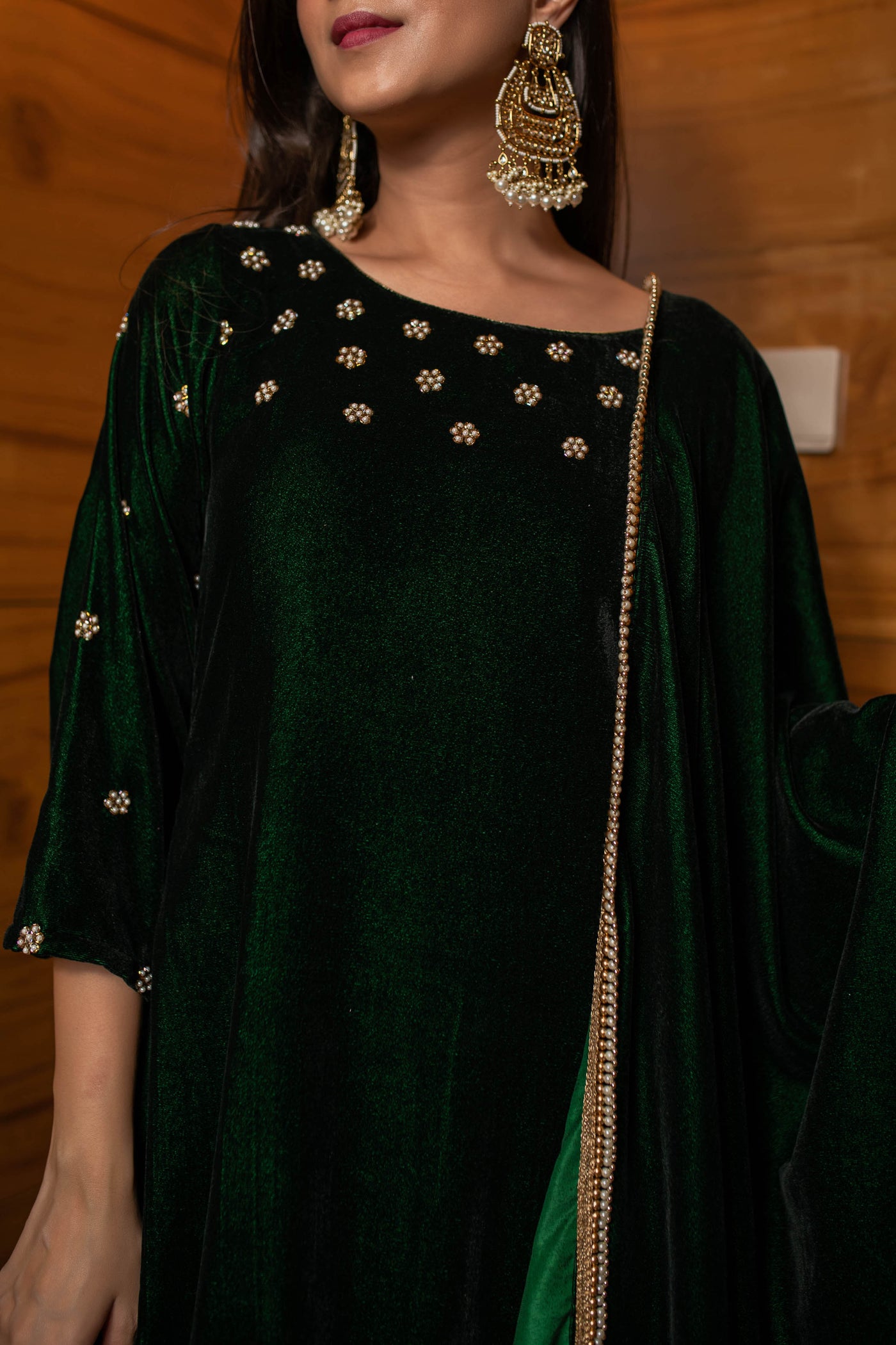 Women's Bottle Green Hand Work Velvet Kurta Set