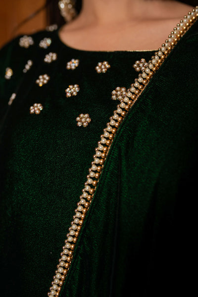 Women's Bottle Green Hand Work Velvet Kurta Set