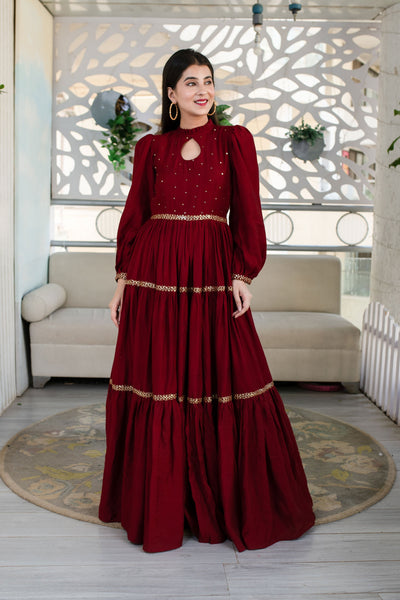 Women's Maroon Hand Work Gown