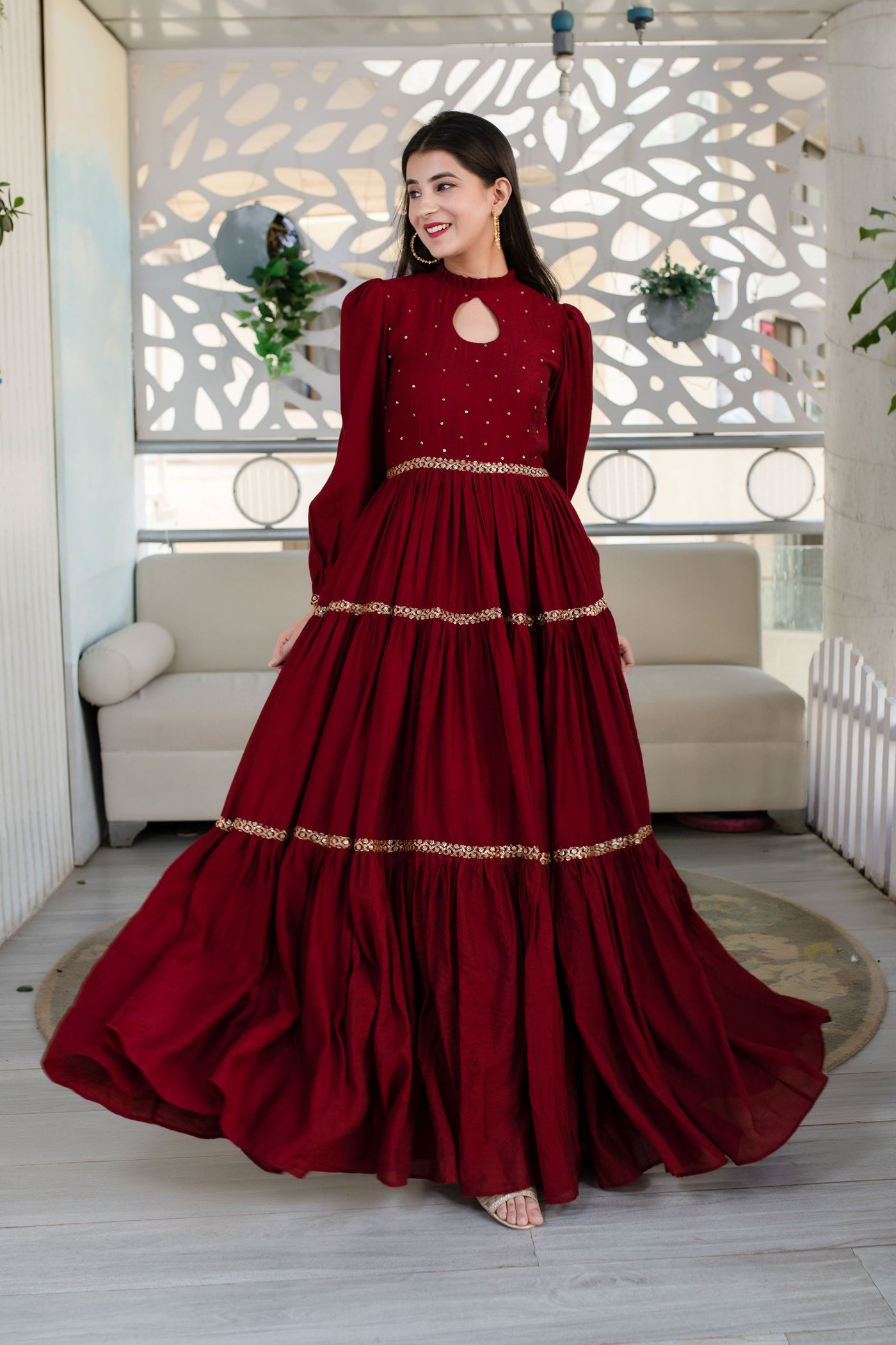 Women's Maroon Hand Work Gown