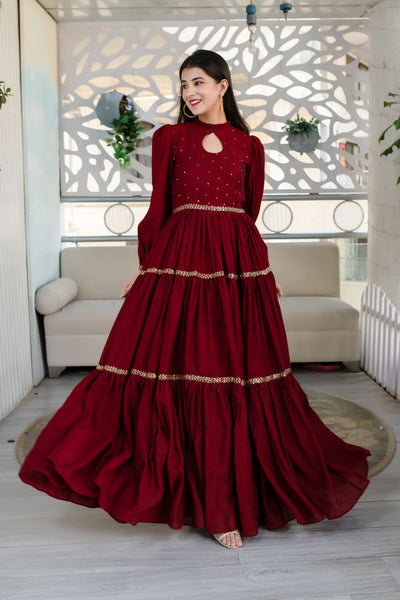 Women's Maroon Hand Work Gown
