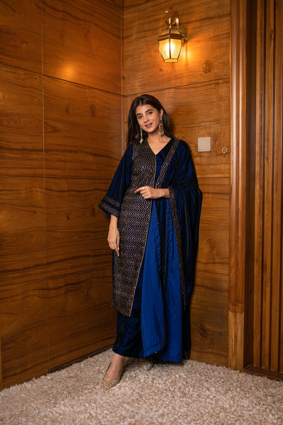 Women's Royal Blue Pannel Kurta Set