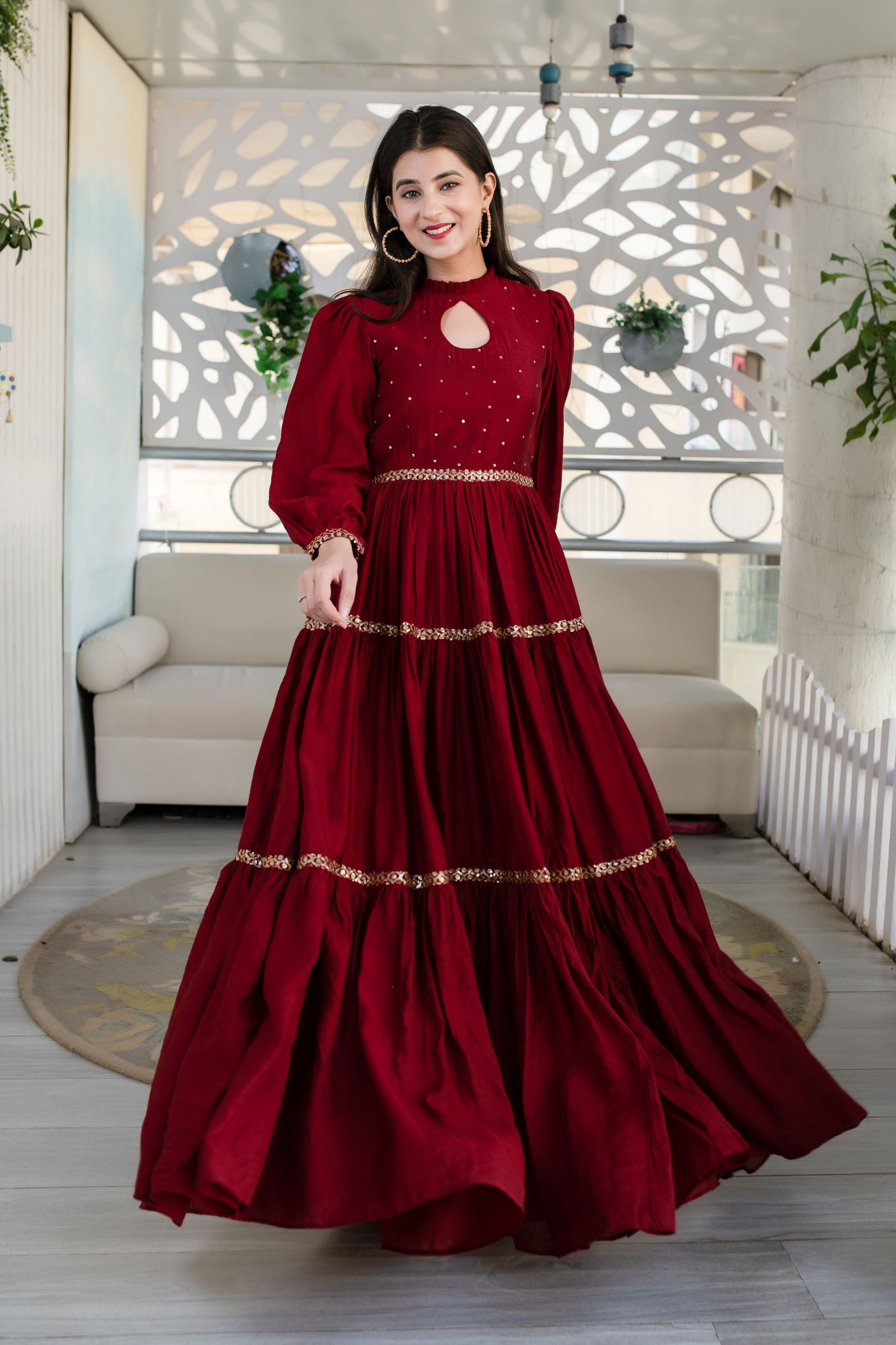 Women's Maroon Hand Work Gown