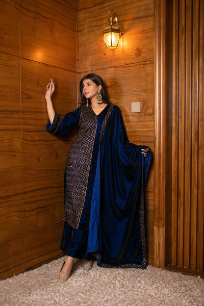 Women's Royal Blue Pannel Kurta Set