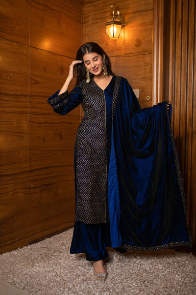 Women's Royal Blue Pannel Kurta Set