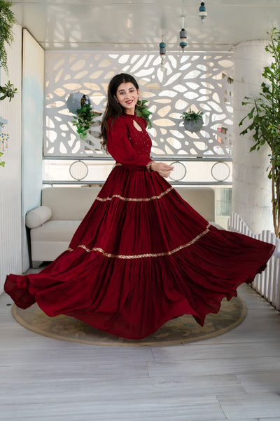 Women's Maroon Hand Work Gown
