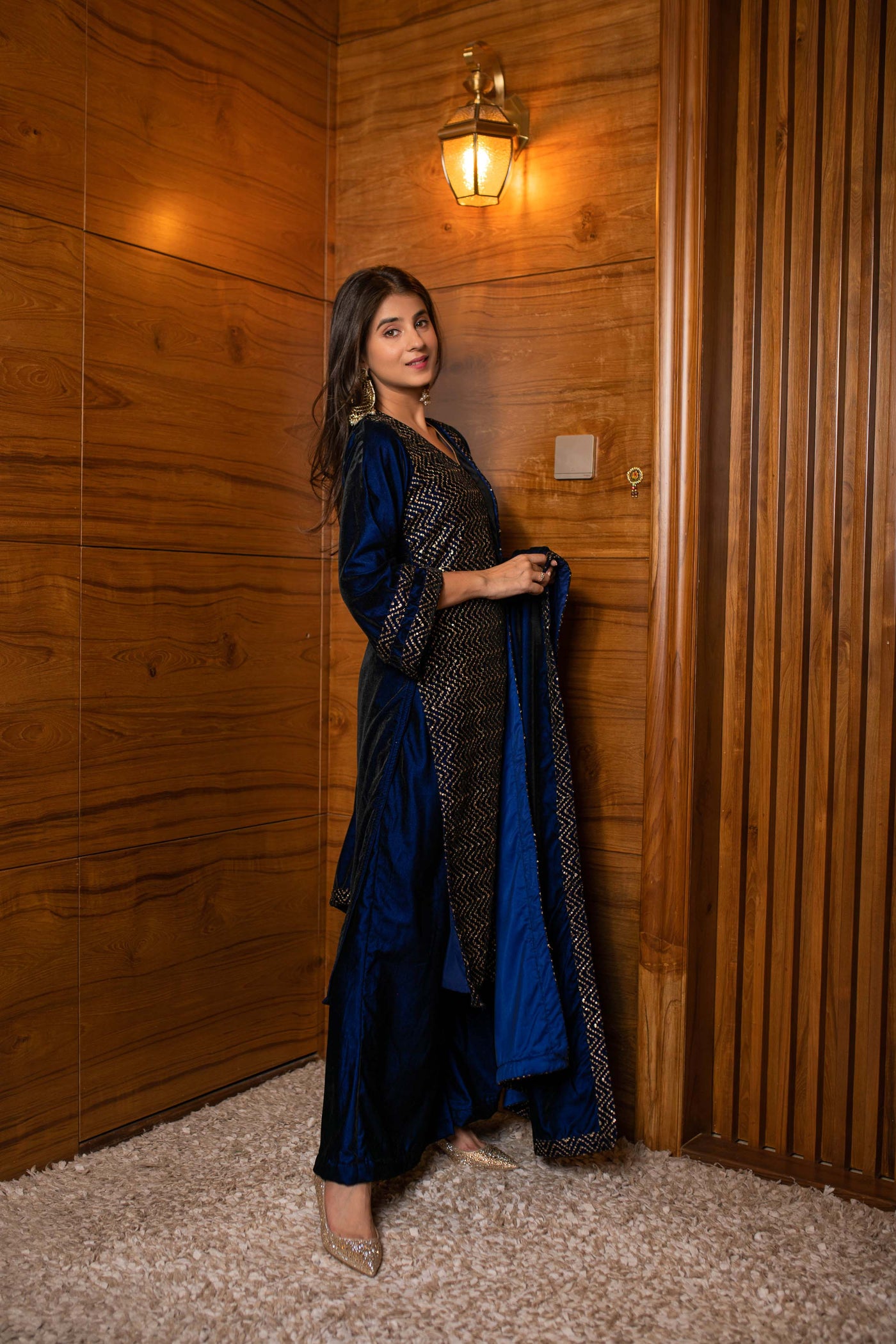 Women's Royal Blue Pannel Kurta Set