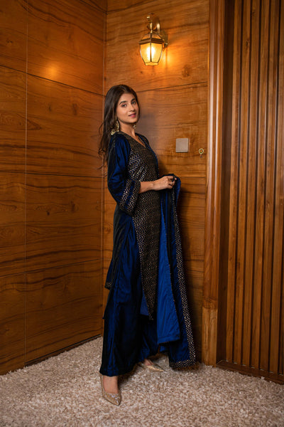 Women's Royal Blue Pannel Kurta Set