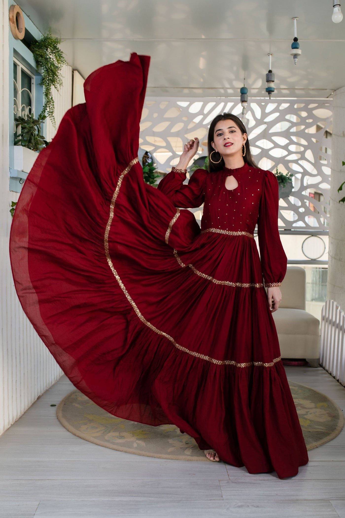 Women's Maroon Hand Work Gown