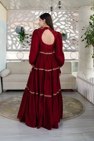 Women's Maroon Hand Work Gown