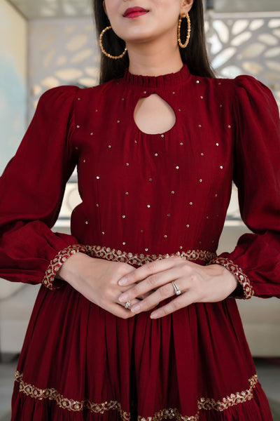 Women's Maroon Hand Work Gown
