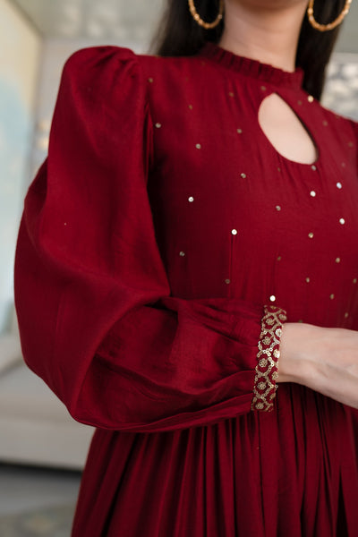Women's Maroon Hand Work Gown