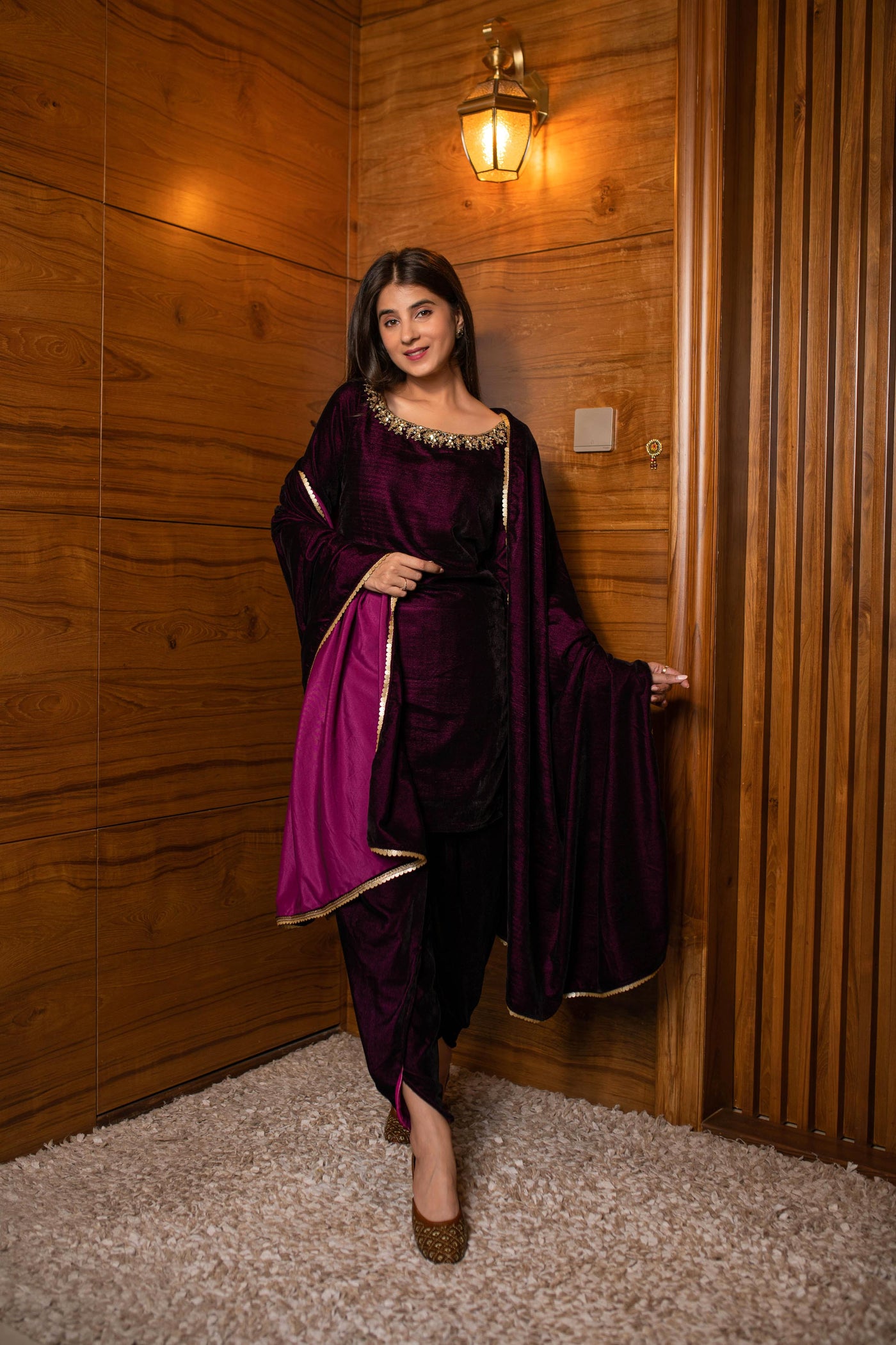 Women's Wine Velvet Dhoti With Hand Work