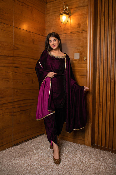 Women's Wine Velvet Dhoti With Hand Work